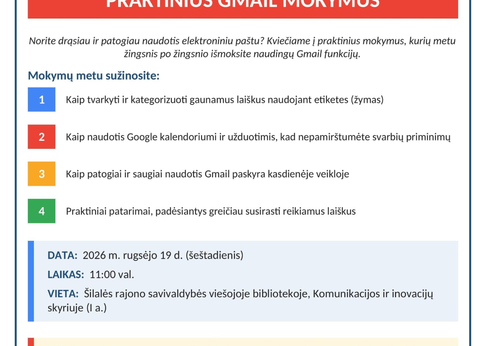Kviečiame gyventojus į praktinius &bdquo;Gmail&ldquo; mokymus
