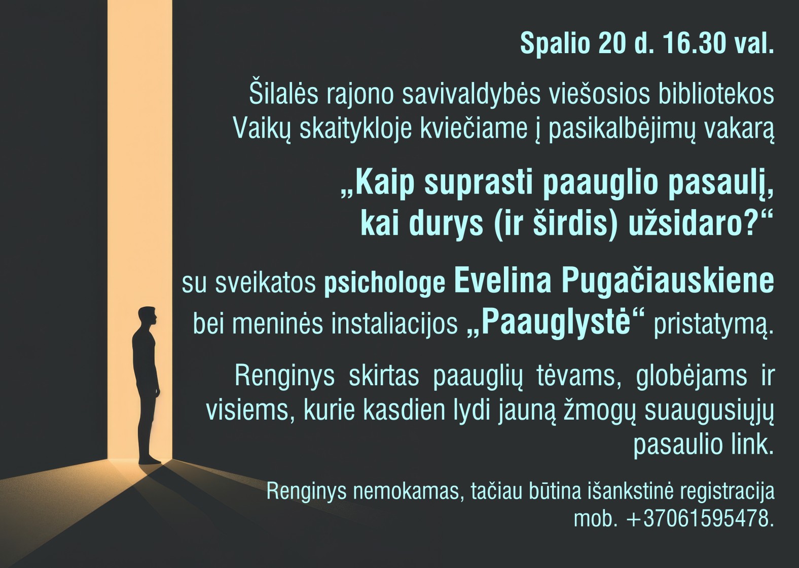 Kviečiame į pasikalbėjimų vakarą &bdquo;Kaip suprasti paauglio pasaulį, kai durys (ir &scaron;irdis) užsidaro?&ldquo; 